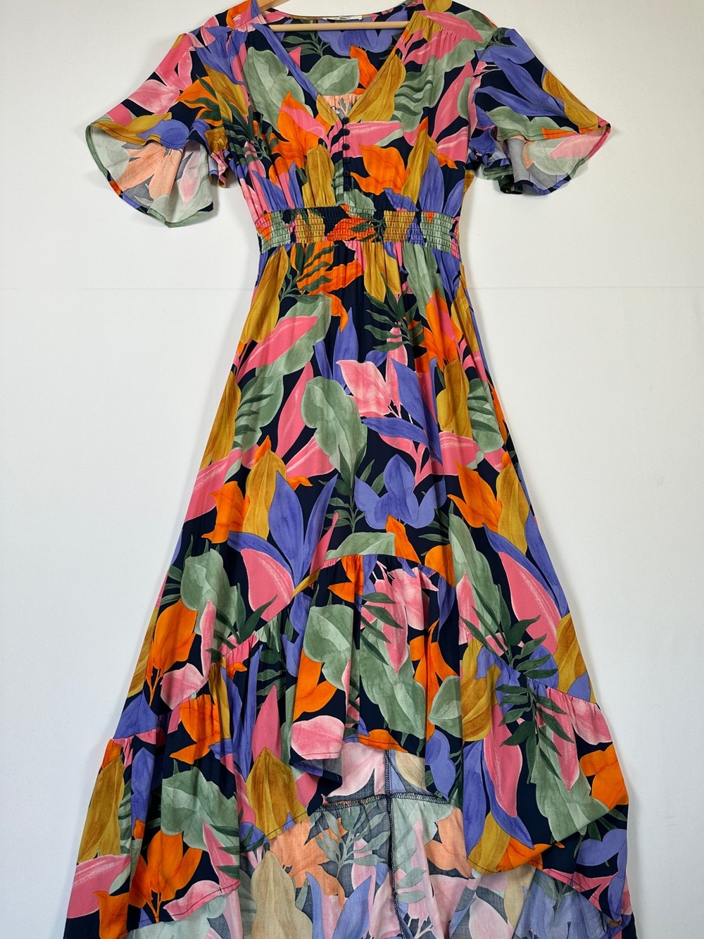 Abel The Label Anthropologie Tropical Floral High Low Maxi Dress Smocked Waist M